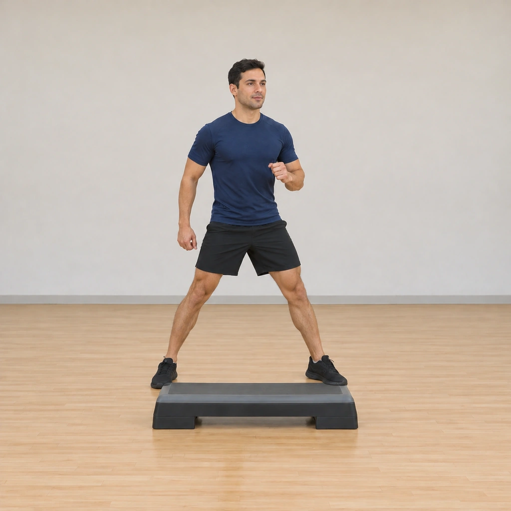 He stands straddling the platform, his left foot on the floor to its left and his right foot on the floor to its right, the platform between his feet.
