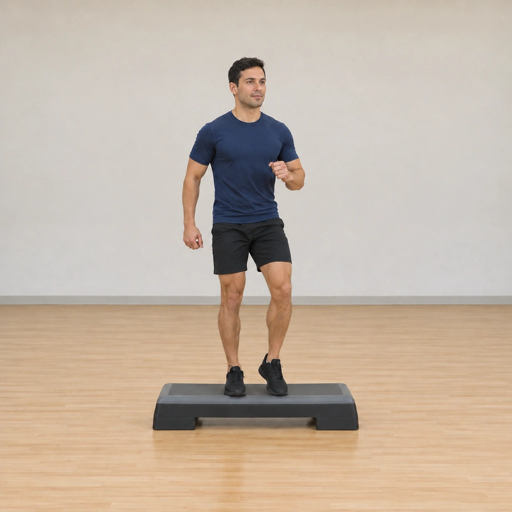 He is remounting, his left foot planted on the platform's centre as his right foot comes up beside it, both feet settling onto the platform.