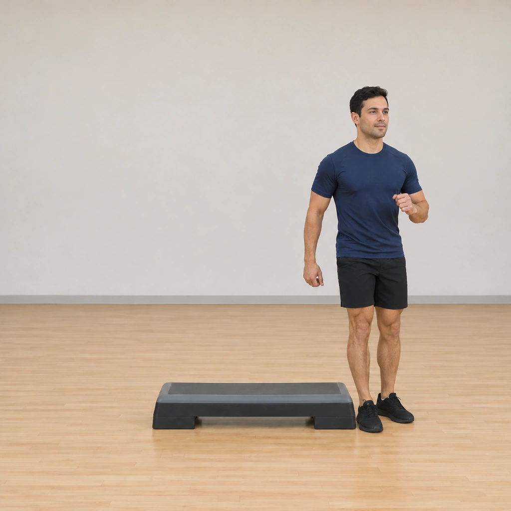 He is stepping off the platform's left side, his left foot landing on the floor beside it while the right foot follows down, finishing on the designated side.