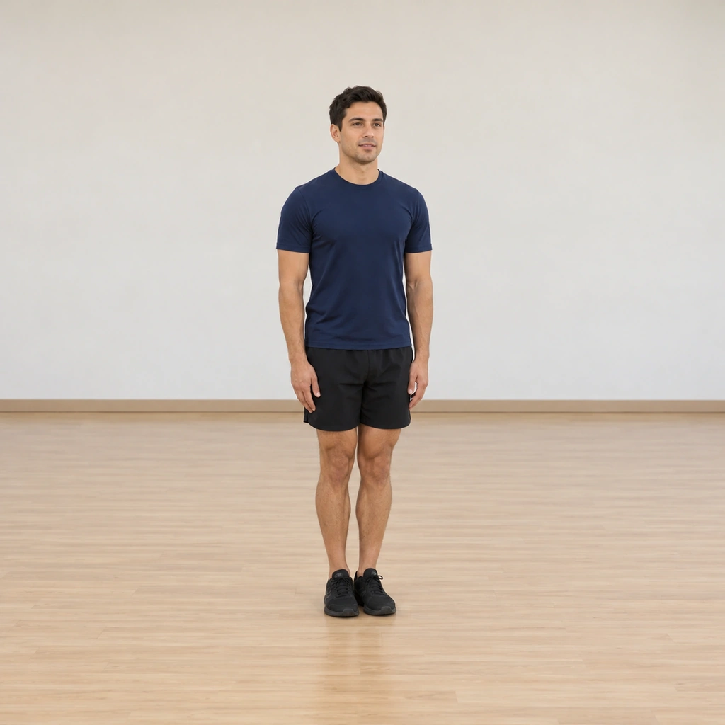 He stands tall, feet together, arms resting at his sides, ready for the hop.