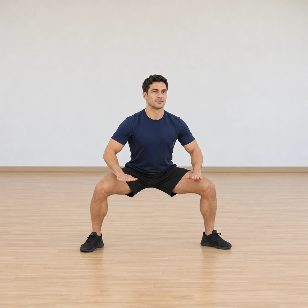 He is landing in the wide squat, feet wider than hip-width, hands coming down to block in front of the lower torso, palms down, elbows out.