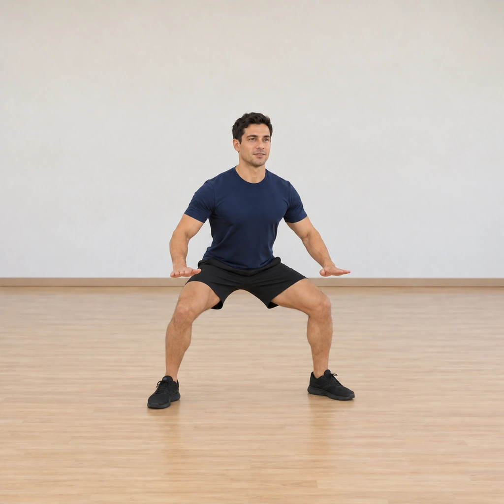 He holds the wide squat, chest lifted, shoulders relaxed, knees tracking the toes, hands held in the low block.