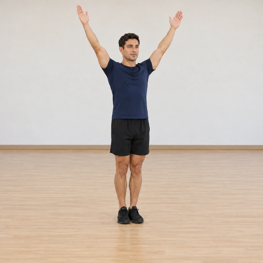 He has returned to the narrow stance, both arms reached overhead forming a V.