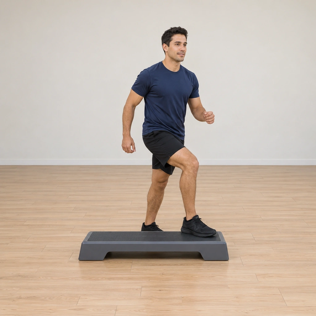 He is mounting the platform near its right end, his right foot planted on the platform's right half while the left foot stays on the floor behind him, the body tall.