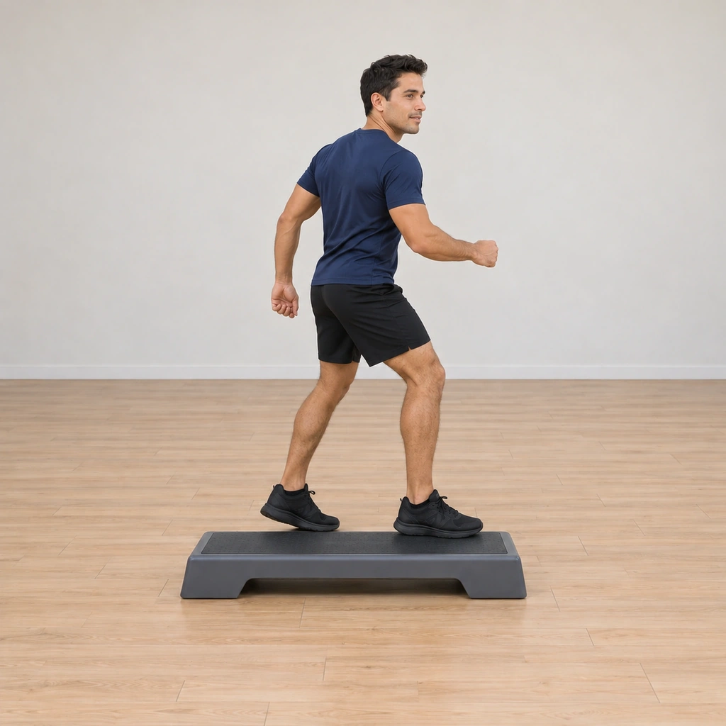 He is mid turn on the platform, his body rotating toward the right as his left foot comes up beside the right, both feet on the platform mid-reposition.