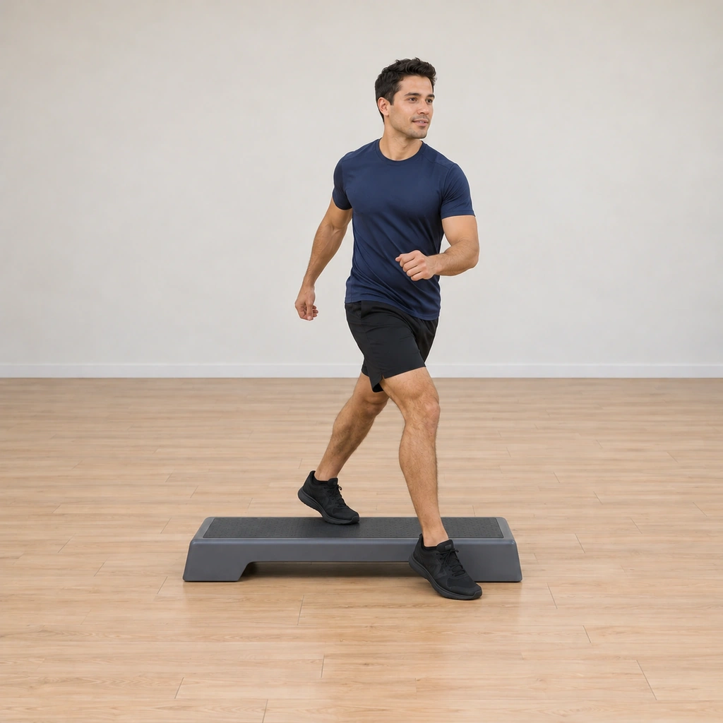 He is stepping off the platform's far side, his right foot reaching the floor on the opposite side while the left foot follows down, the body facing the new direction.