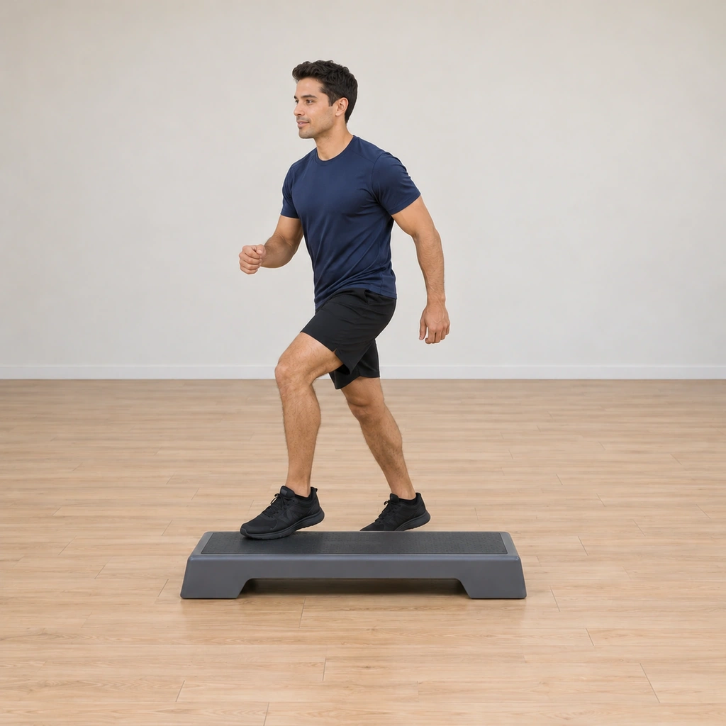 He is mid return turn, his left foot remounting the platform as his body rotates back toward the left, ready to step down toward the original side.
