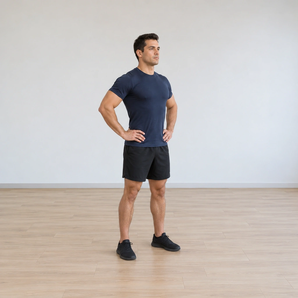 He stands tall, feet planted shoulder-width apart, hands resting on his hips, shoulders relaxed and his abdomen soft.
