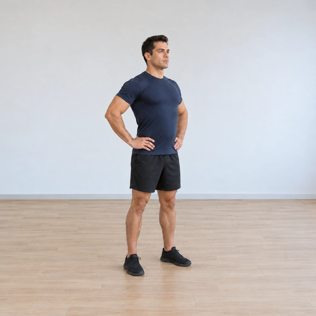 He is taking a slow full inhale, chest expanding and belly filling with air, his hands still on his hips and his posture tall.