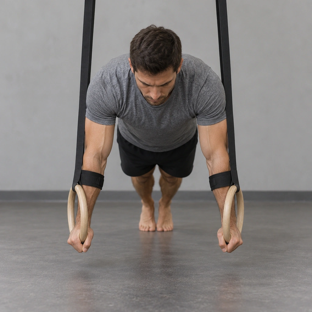 A man in a straight-arm plank, both hands gripping gymnastic rings beneath his shoulders, a strap wrapped around each forearm.