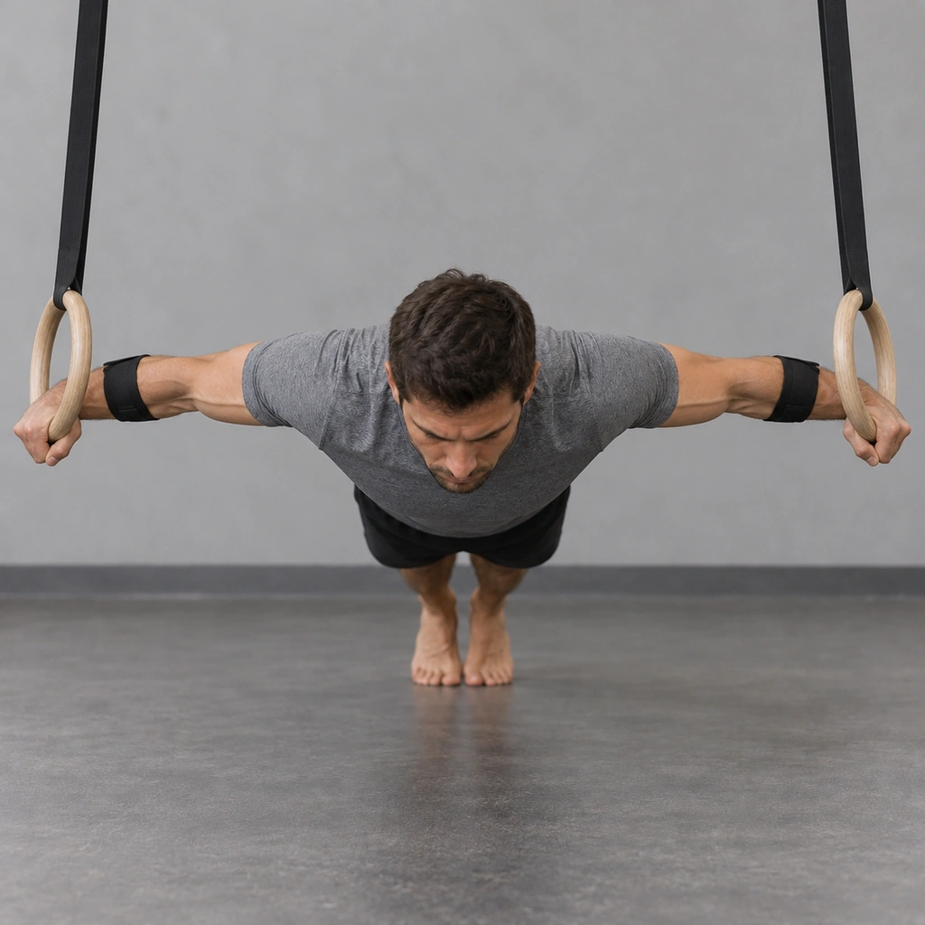The same man, now with his hands pushed out to the sides on the rings, his chest lowered level with his shoulders, arms forming a letter-T shape.