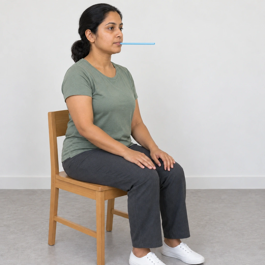 A woman sitting upright with a pale blue straw held level between her lips, both hands resting in her lap.