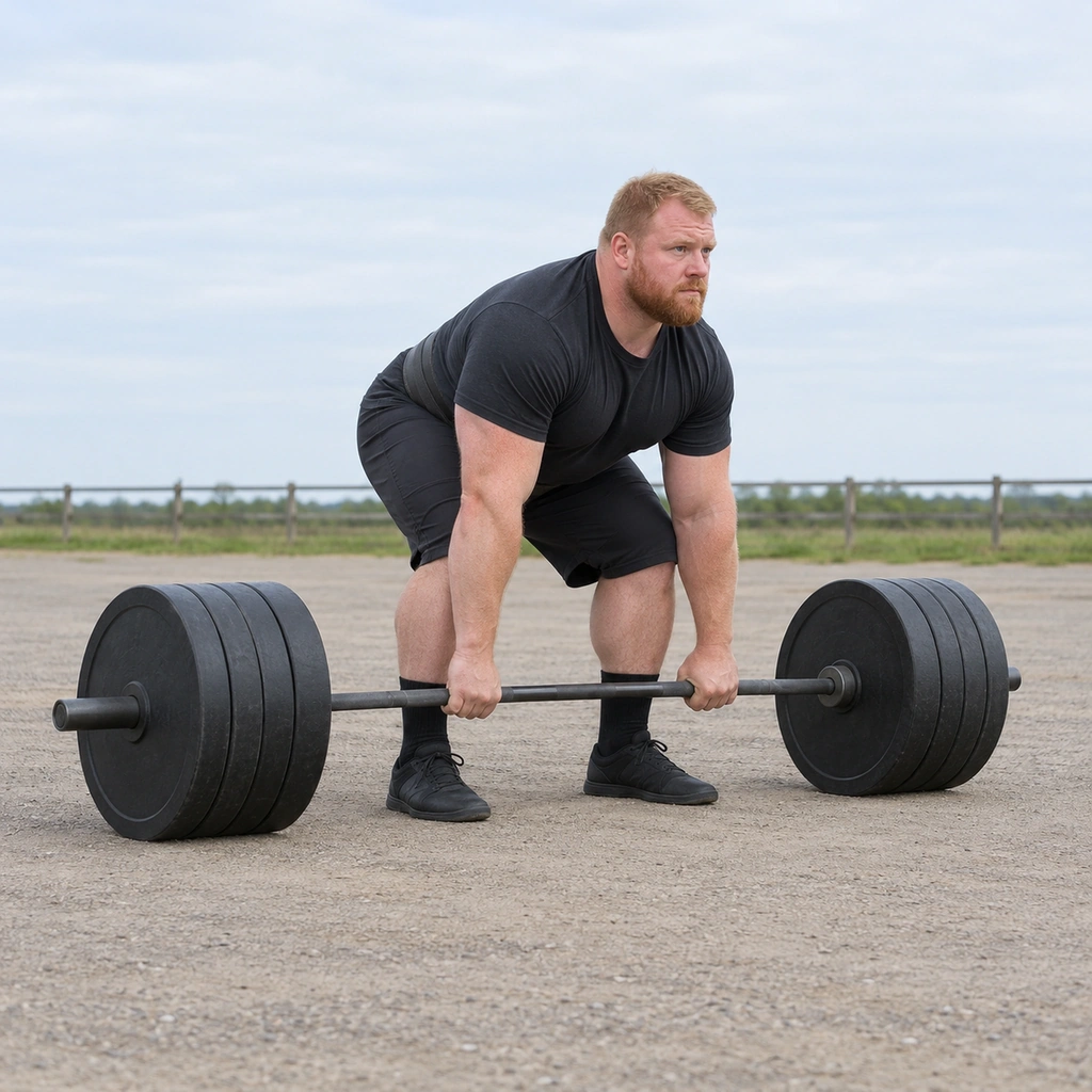 A man hinged forward over a heavily loaded bar on the ground, arms straight down, both hands wrapped on the bar outside the knees.