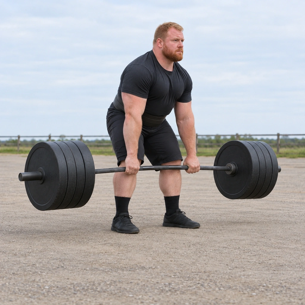 A man mid-pull, a loaded bar rising past his knees as his hips and knees extend toward standing.