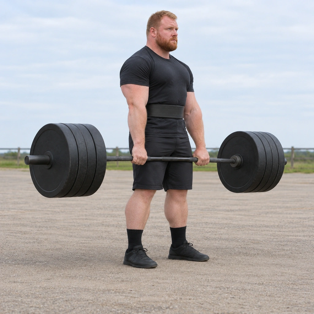A man standing fully erect, knees locked, a loaded bar held still at the front of his thighs in a sustained grip.