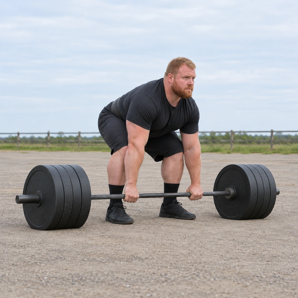 A man hinged forward, knees soft, lowering a loaded bar back onto the ground to finish the held repetition.