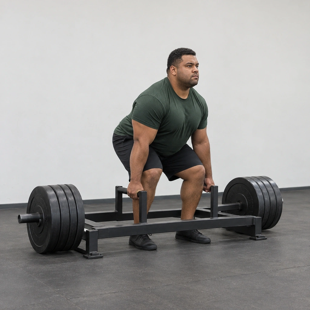 A man standing inside a loaded rectangular frame, knees bent, gripping both side handles with a neutral grip, back flat.