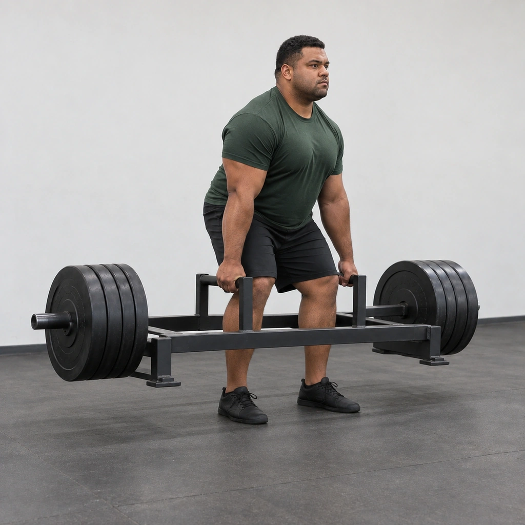 A man mid-pull, the frame just off the floor, hips and knees extending together, shoulders above the side handles.