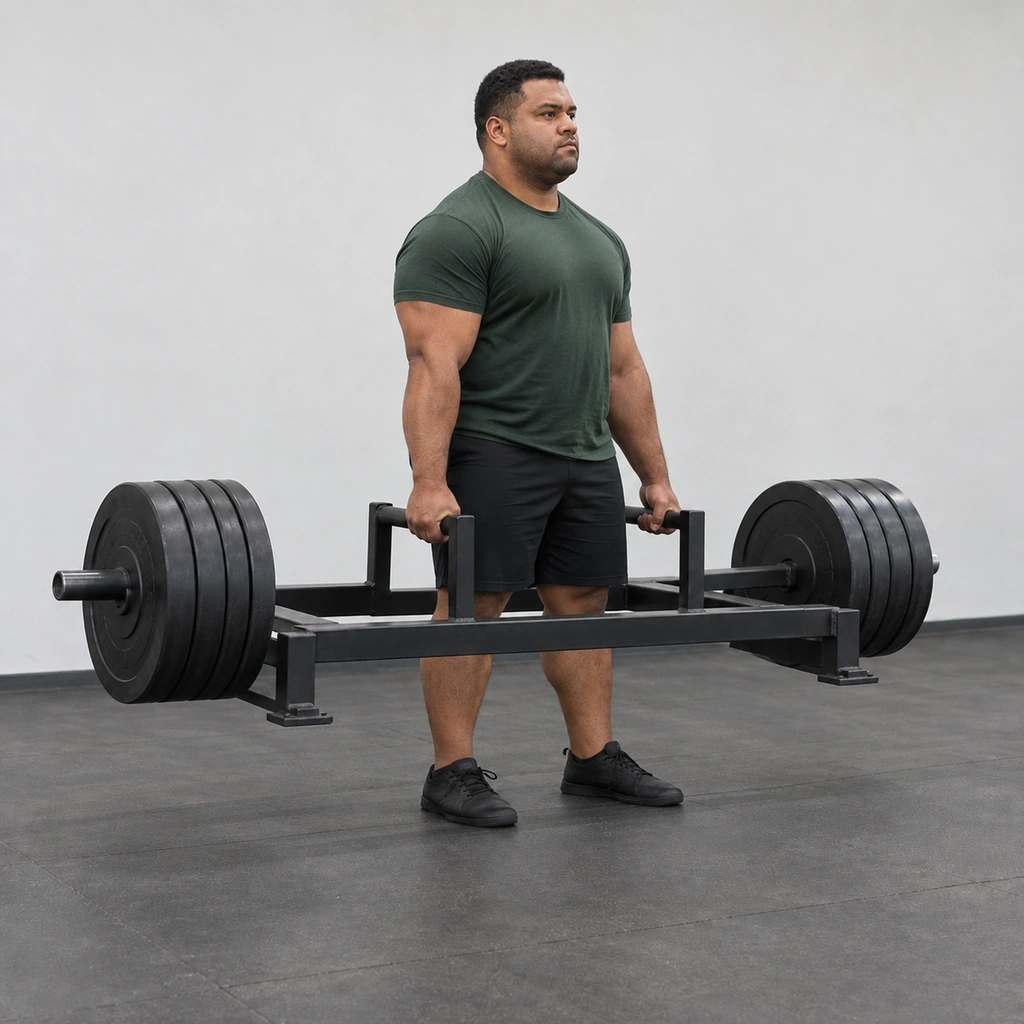 A man standing fully erect inside the lifted frame, knees locked, shoulders back, holding the handles at his sides under control.