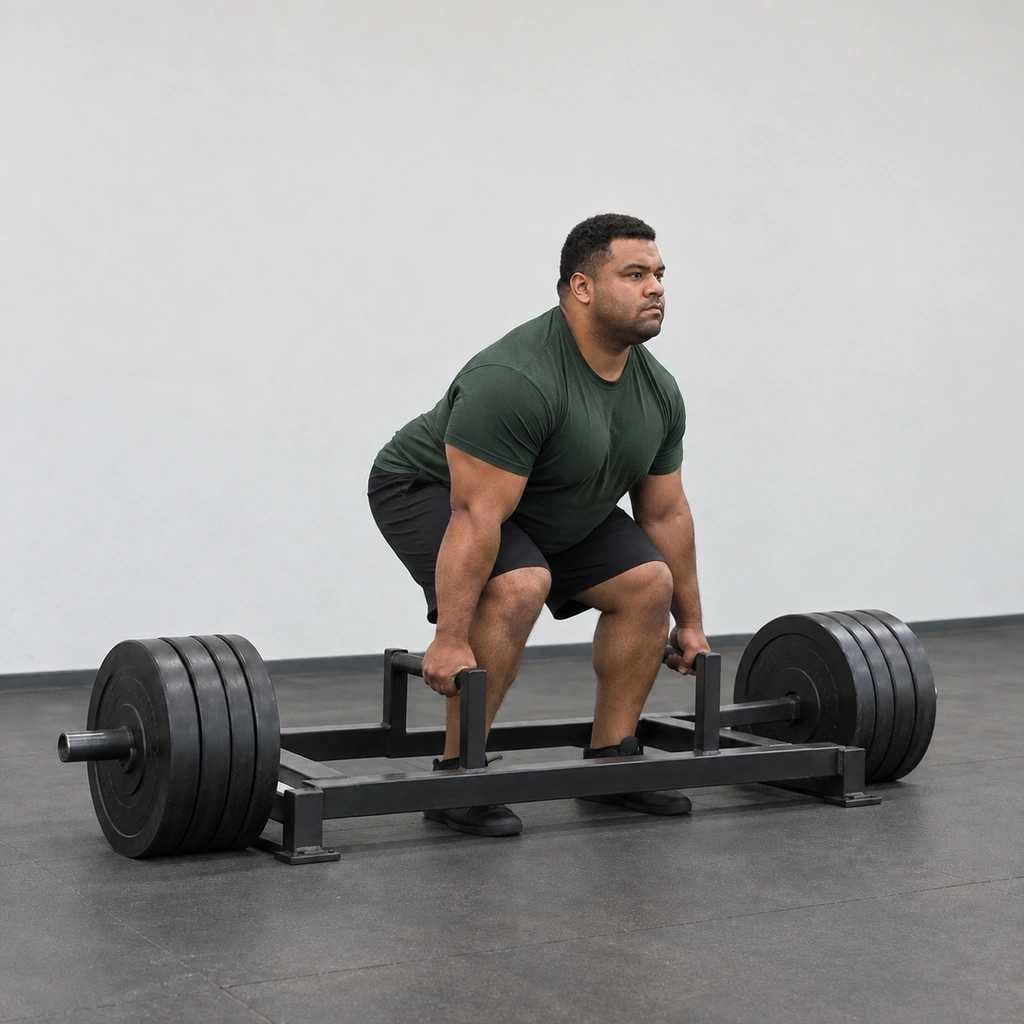 A man hinging his hips back and bending his knees, the frame sinking level toward the floor under control.