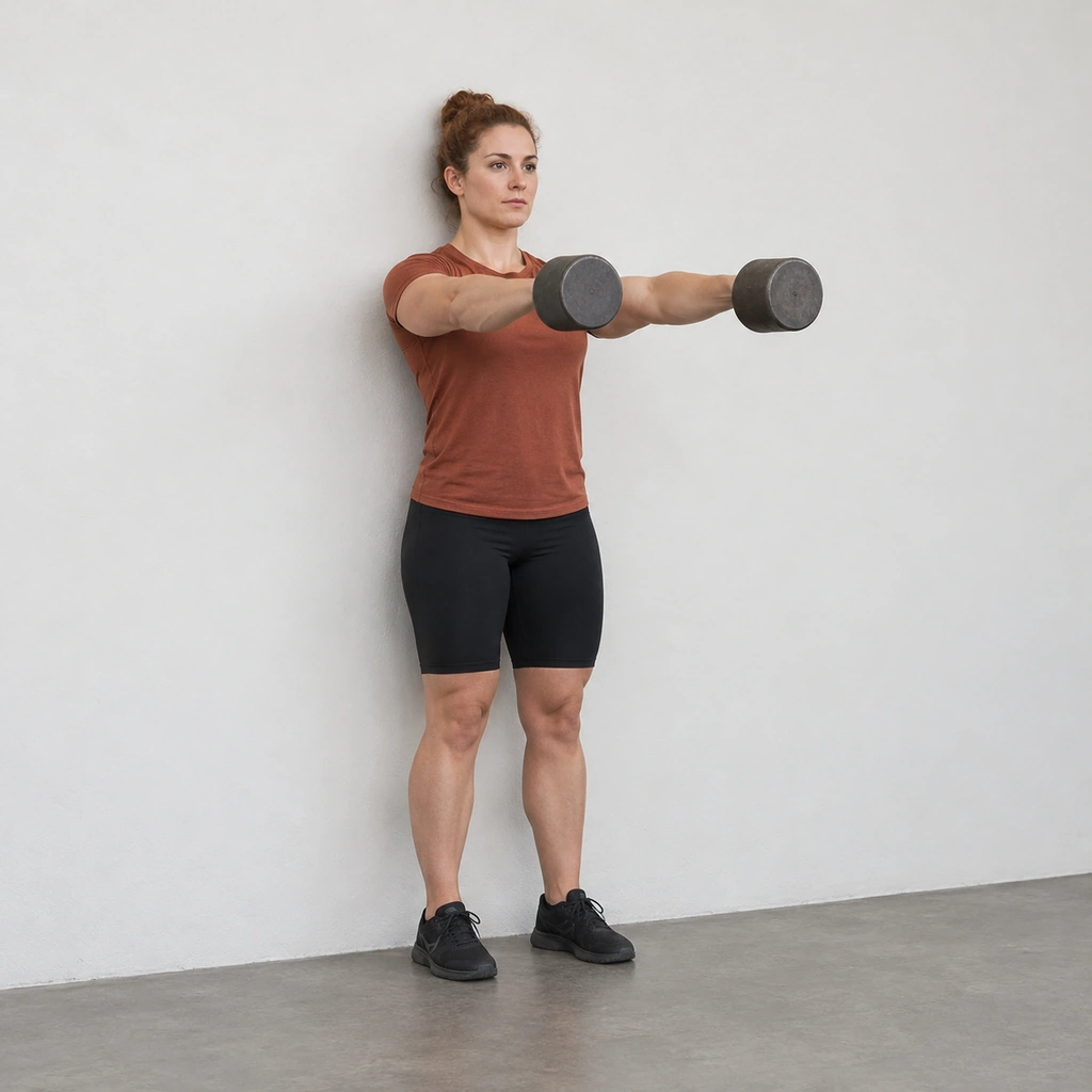 A woman with her back to a wall raising her arms straight out in front, a weight in each hand, arms nearly level at shoulder height.
