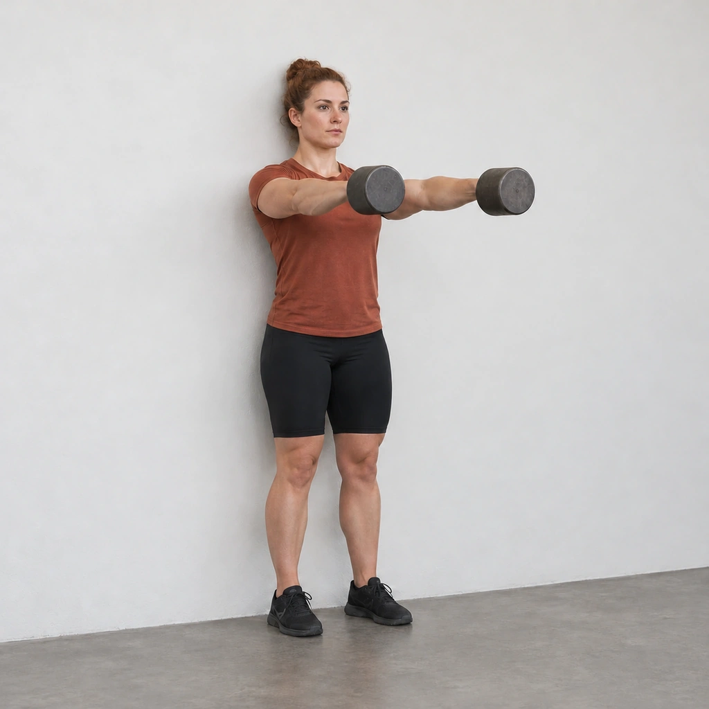 A woman standing against a wall holding a weight in each hand, both arms perfectly level and straight out in front of her.