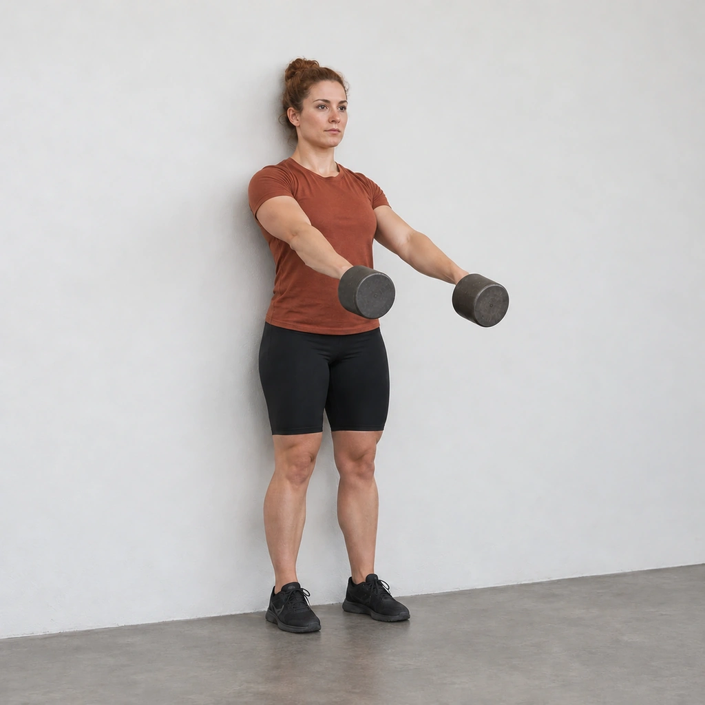 A woman with her arms dropping just past level, the weights lowering, the hold ended, back still against the wall.