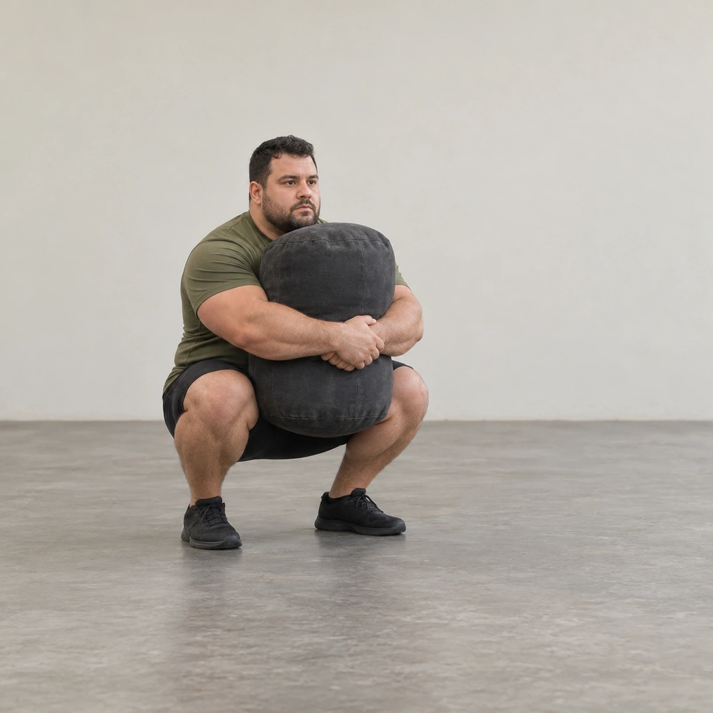 A man in a deep squat, both arms wrapped around a heavy bag-shaped implement hugged tight at his chest.