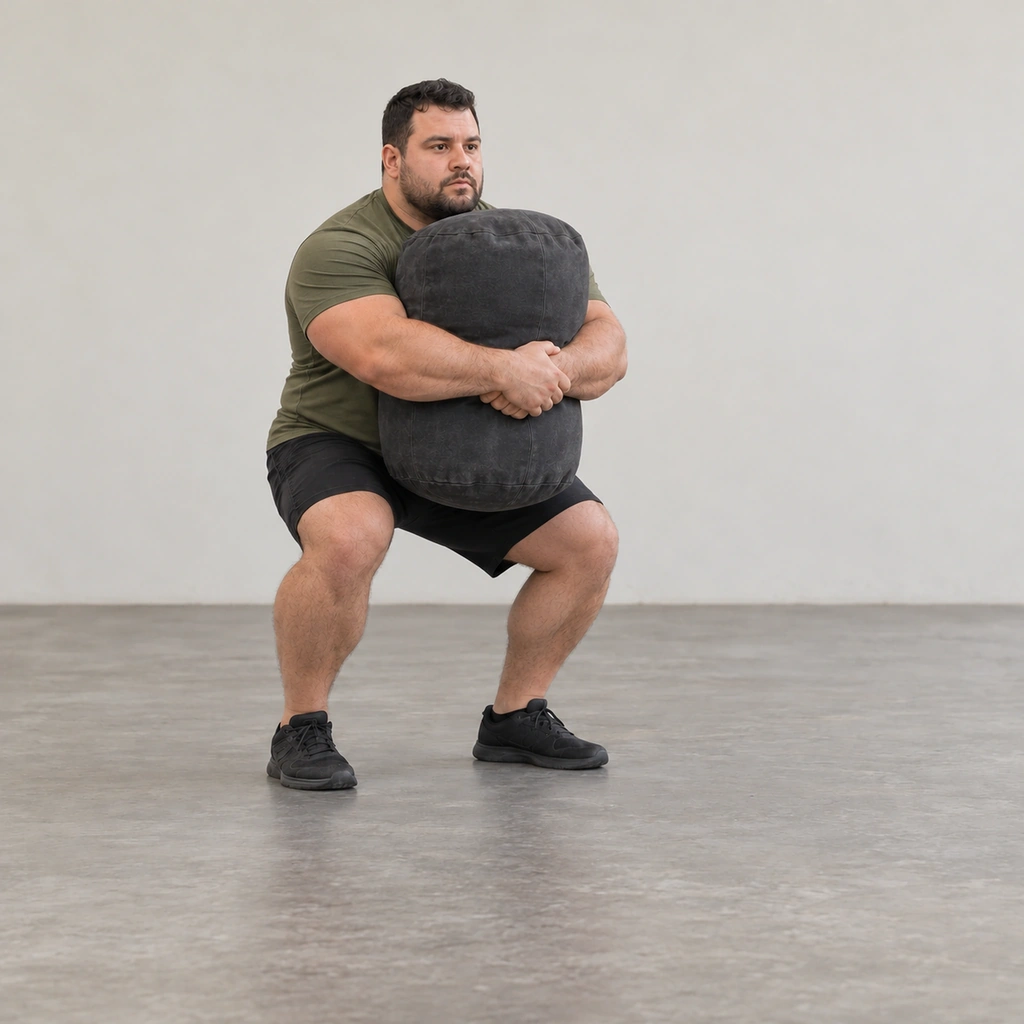 A man rising only to a quarter-squat with the implement still hugged at his chest, knees staying well bent.