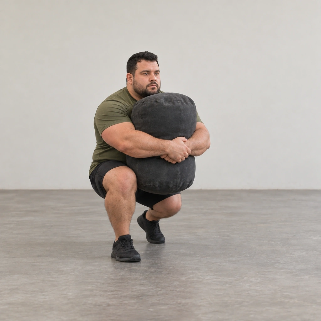 A man mid-step at low-squat depth, one small step landing, the implement still hugged tight at his chest.