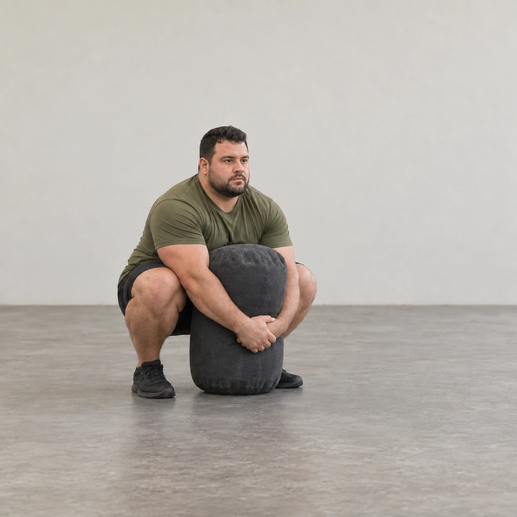 A man back in the deep squat lowering the implement to the floor at the end of the course, both arms still around it.