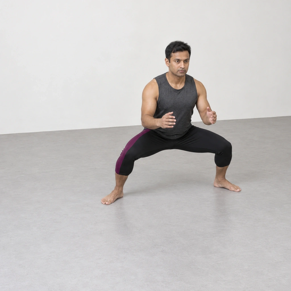A man standing in a wide squat with both feet turned slightly outward and both arms held out in front of him, elbows tucked in.