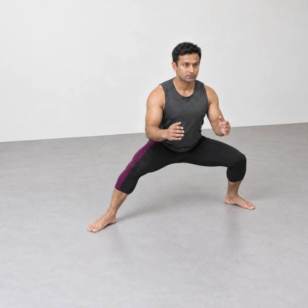 The same man in the same wide squat, his right foot slid forward along the floor while his left foot and both arms stay in place.