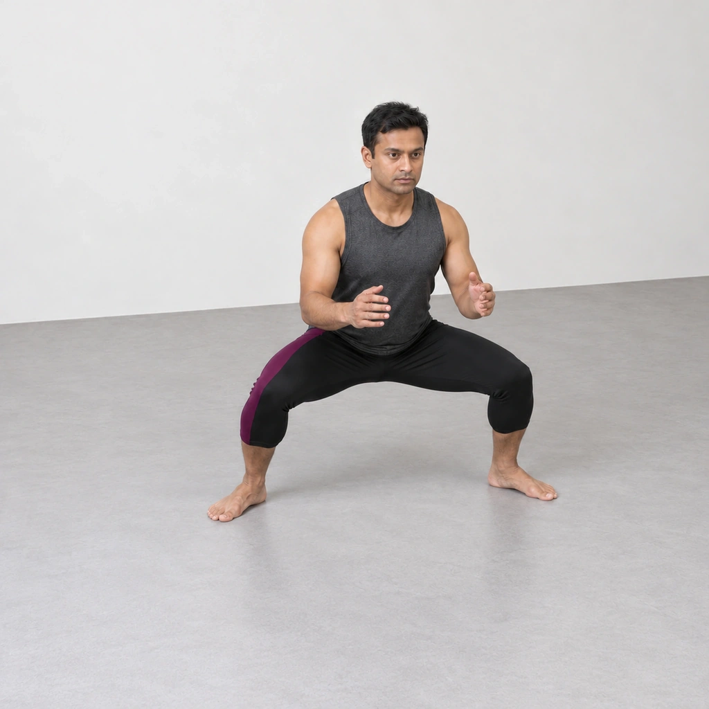 The same man in the same wide squat, his left foot slid forward along the floor to draw level with his right, both arms still held out.
