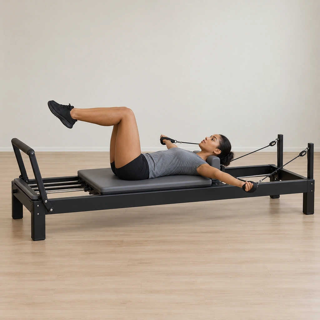 A woman lies supine on the reformer carriage with her knees in table top and both arms extended straight out to her sides in a T shape, the straps in her hands.