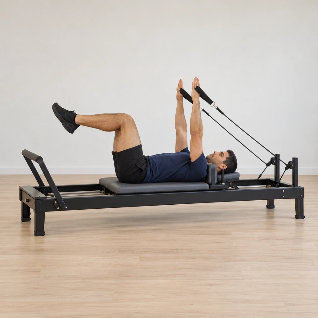 A man lies supine on the reformer carriage with his knees in table top, both arms extended straight up with the straps in his hands, fingers pointing at the ceiling.