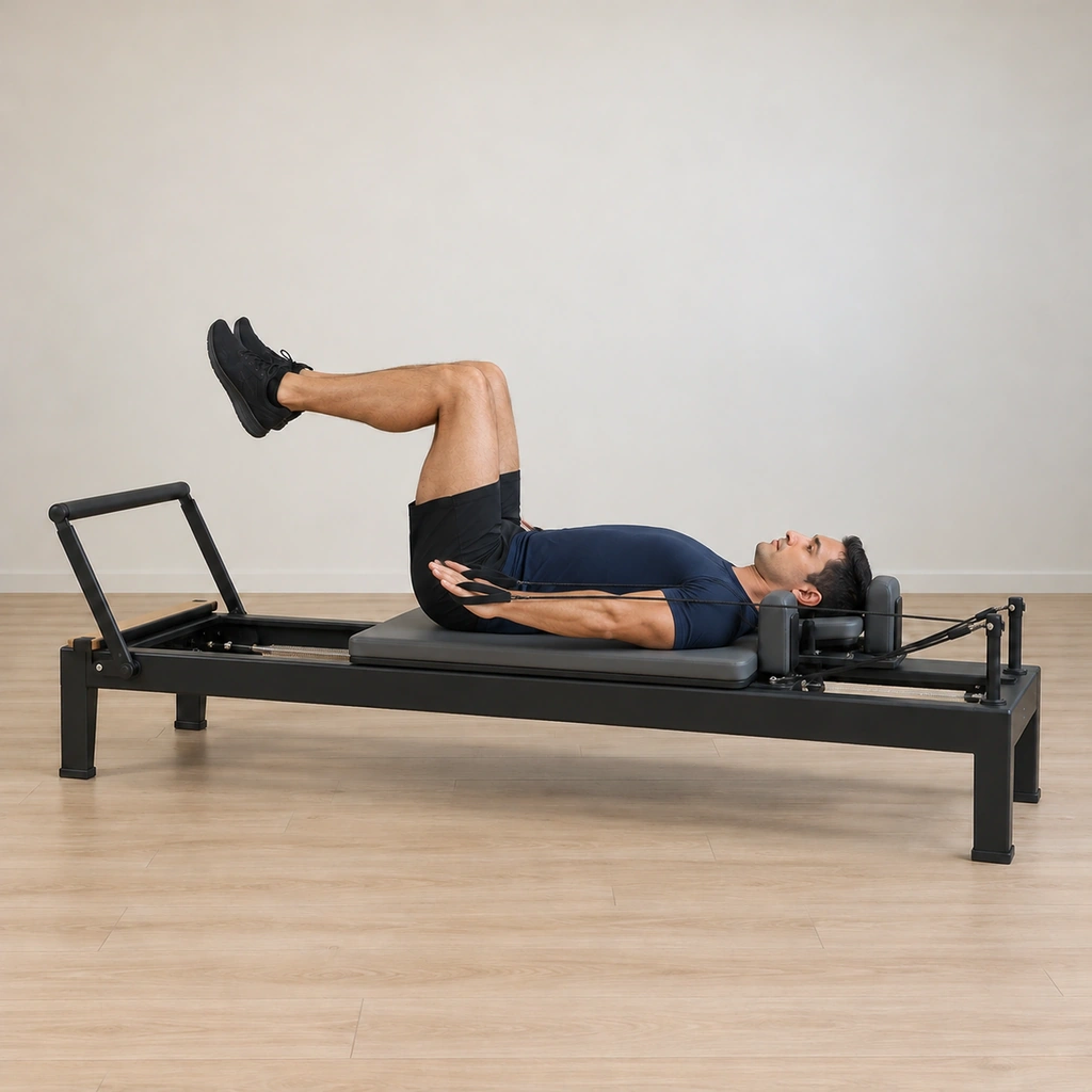 His forearms are rotating down and away on the planted elbows, the straps pulling taut, knees still in table top.