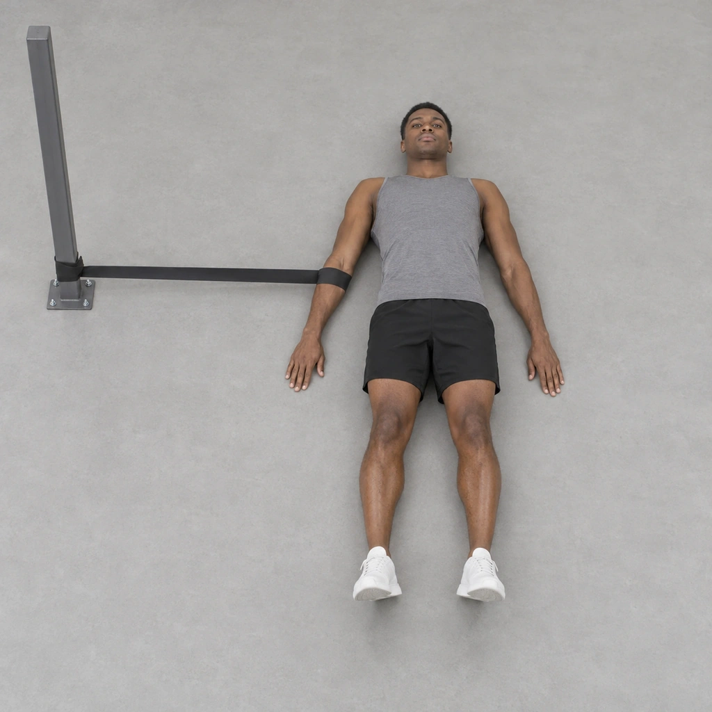 A man lying on his back with his right arm flat on the floor, a wide band round the forearm running taut to a post at the side, and the right hand open on the floor.