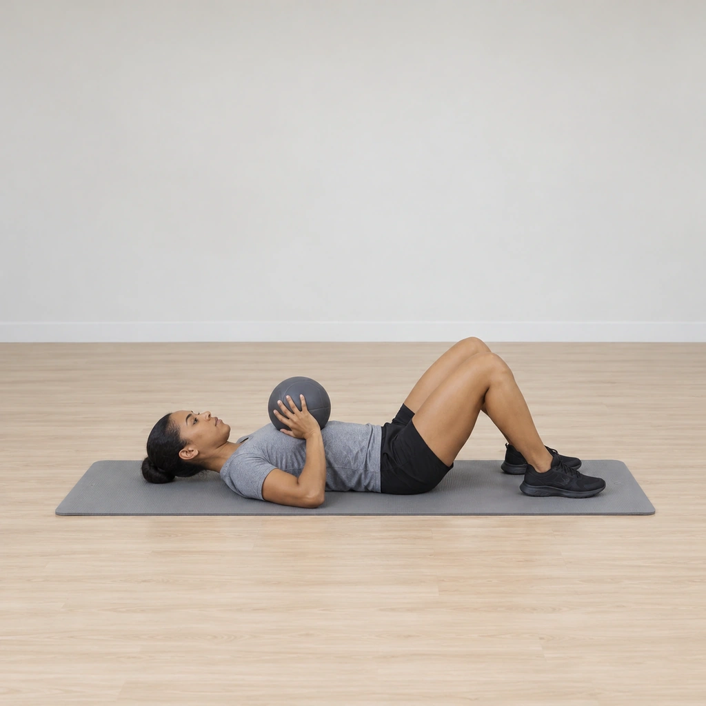 She lies supine on the mat, knees bent and feet flat, the medicine ball resting on her chest with both hands cupped under its bottom.