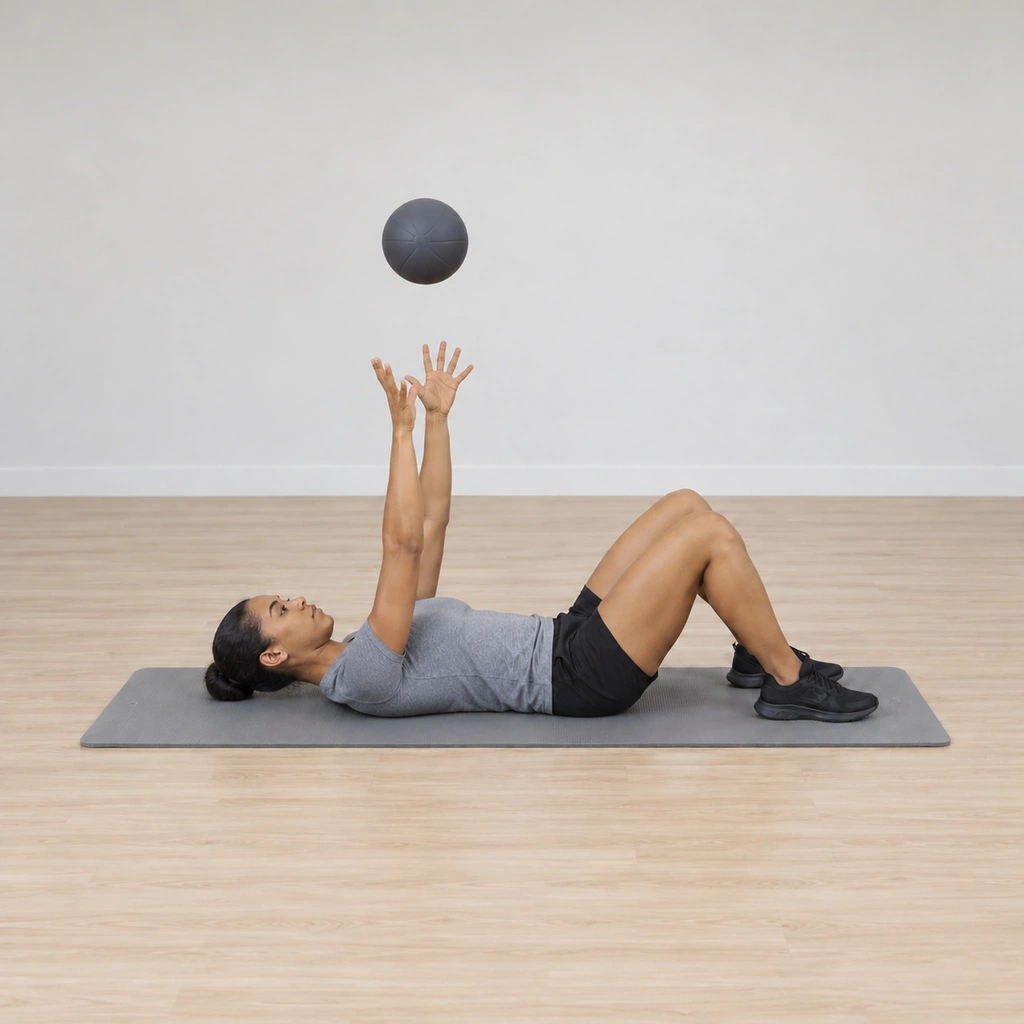 She is mid-launch, both arms extending explosively upward from her chest, the ball just leaving her hands on a straight-up line above her.