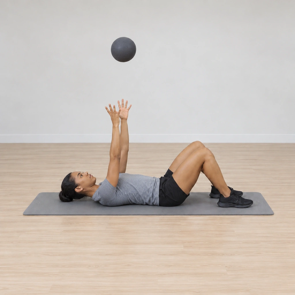 The ball is high above her chest on its vertical path, her arms still raised and tracking it, her knees bent and her back on the mat.