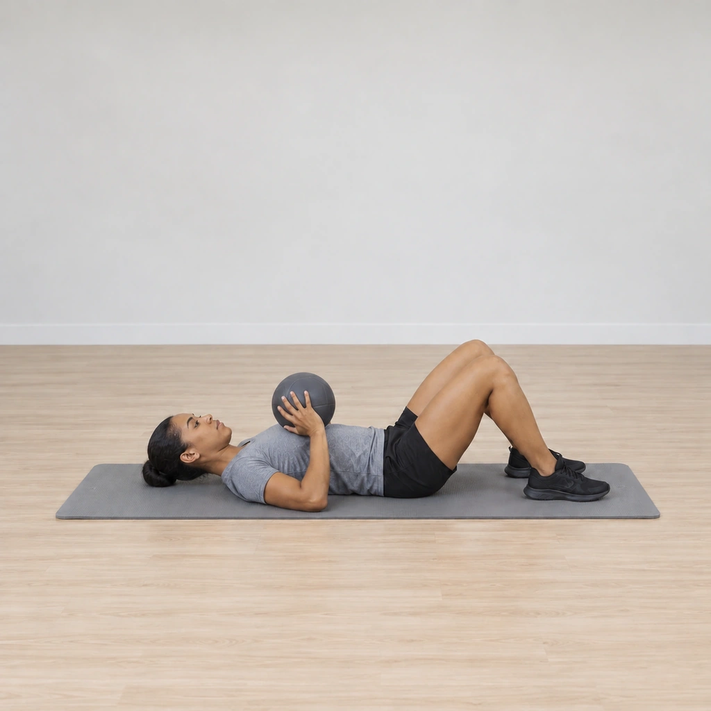 She is catching the descending ball with both hands under it, her arms absorbing it back toward her chest, knees still bent.