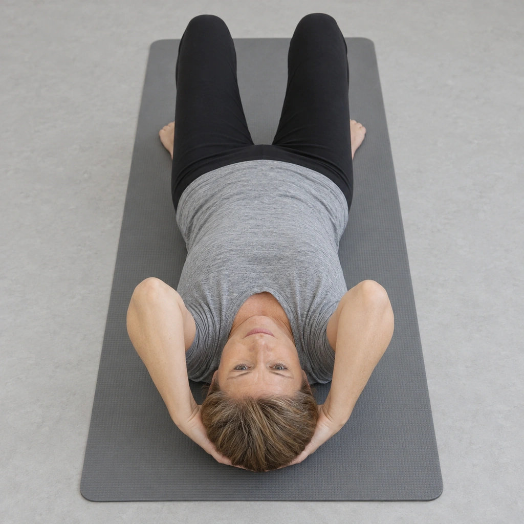 A woman lying on her back on a mat with her knees bent, both hands laced behind her head and both elbows pointing straight up toward the ceiling.