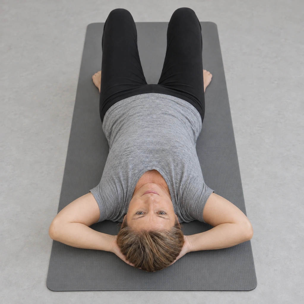 The same woman lying on her back with both hands still behind her head, both elbows now dropped outward and down toward the mat on either side of her head.