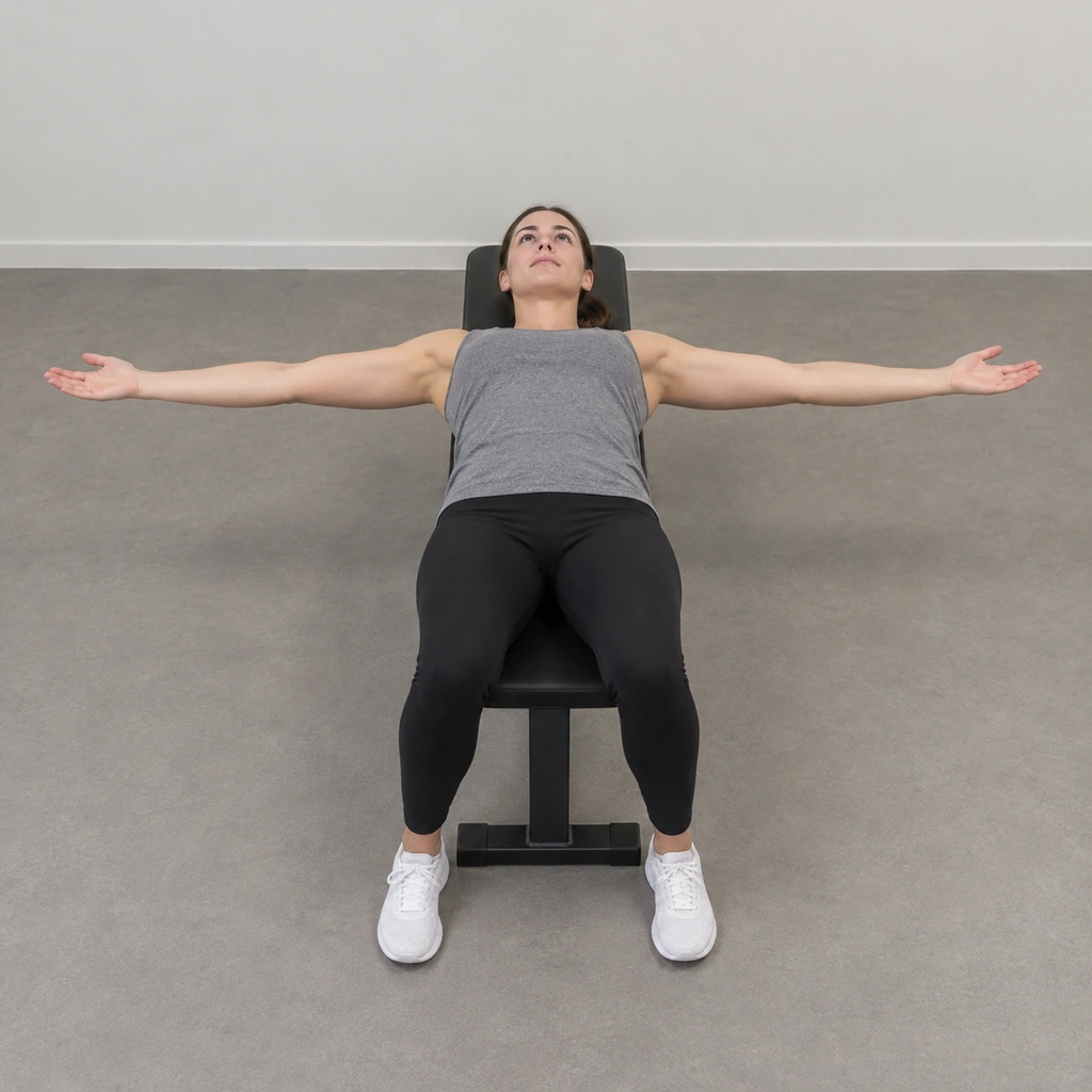 A woman lying on her back on a bench, both arms stretched out to the sides at shoulder height, palms facing up.