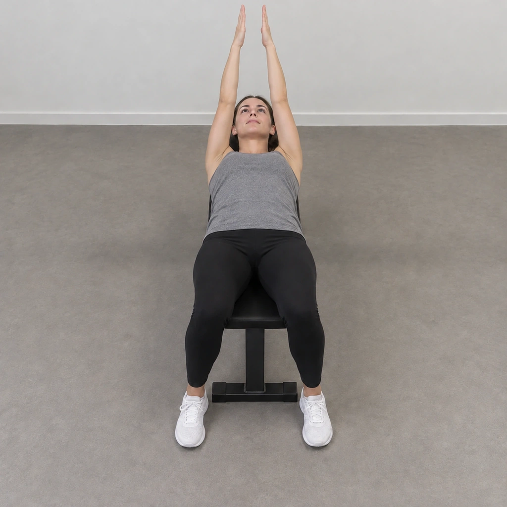 The same woman, both arms now swept together above her chest, fingers pointing straight up at the ceiling.