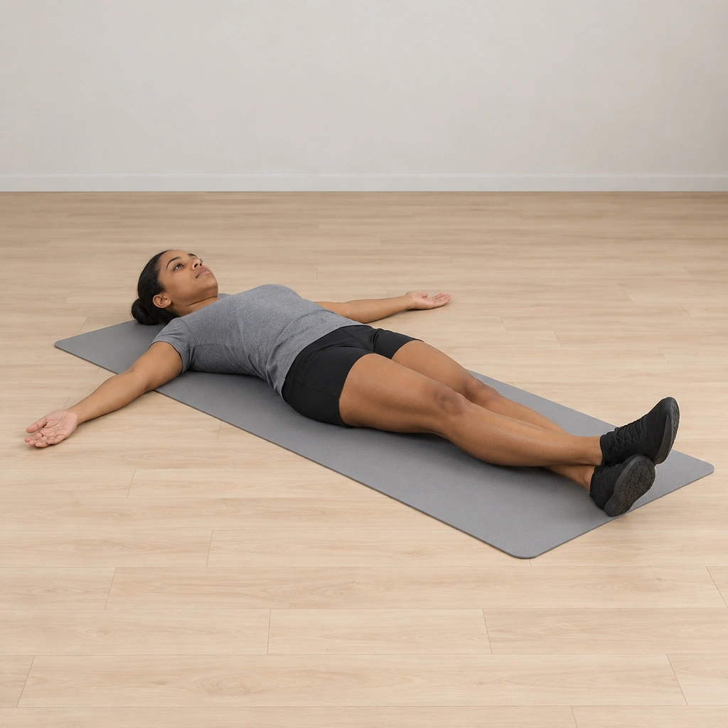 She lies flat on her back on the mat, legs extended together, arms out to her sides at shoulder level palms up, her right heel stacked on the toes of her left foot so both feet align vertically.