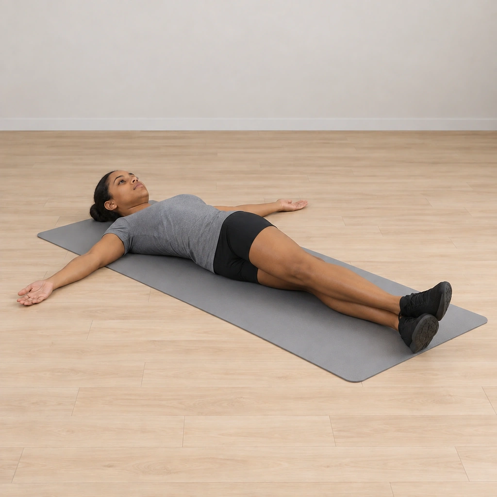 Her joined legs are rolling to her left, the inside of the top right foot dropping toward the floor, both knees still extended, her arms out and her shoulders staying on the mat as the hips turn.