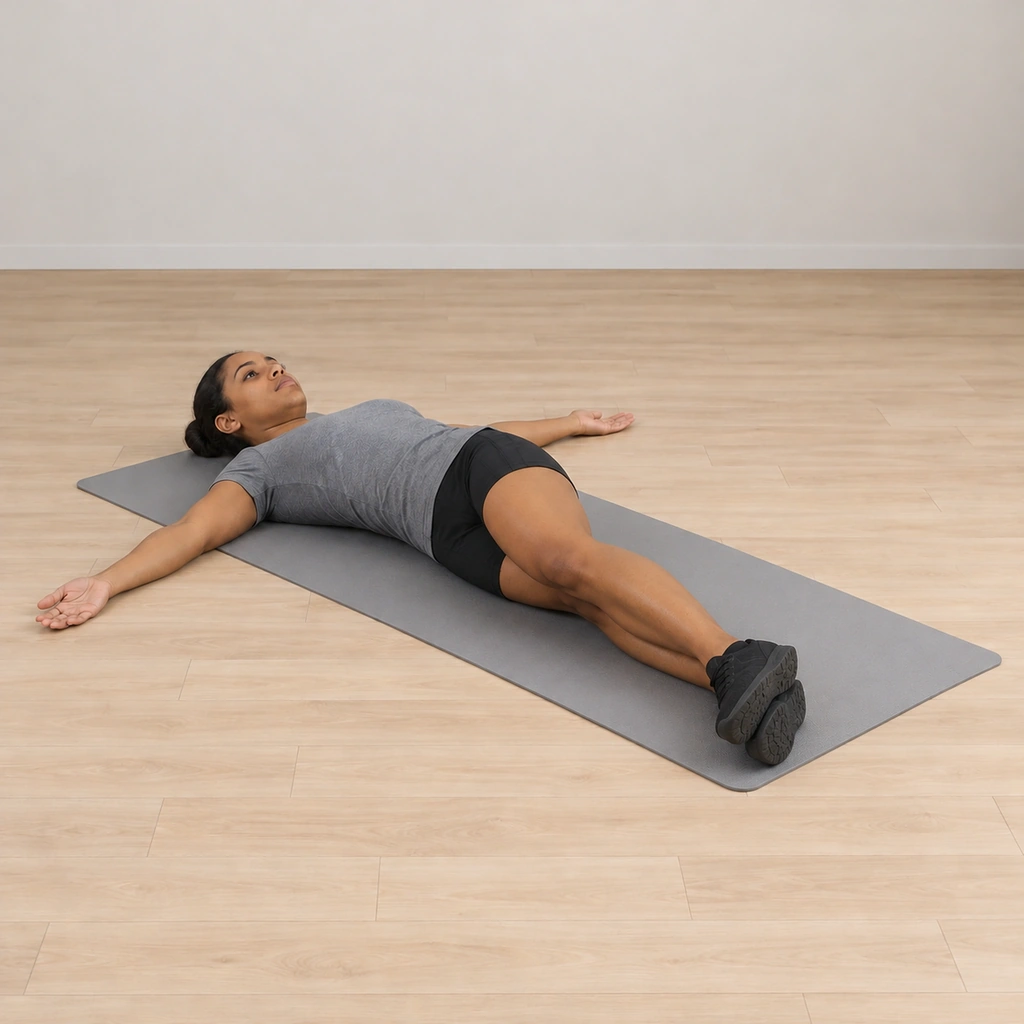Her hips are rotated nearly vertical, the stacked feet now nearly over the bottom leg toward the floor, both legs still straight, her upper body flat and her arms open as she holds the stretch.