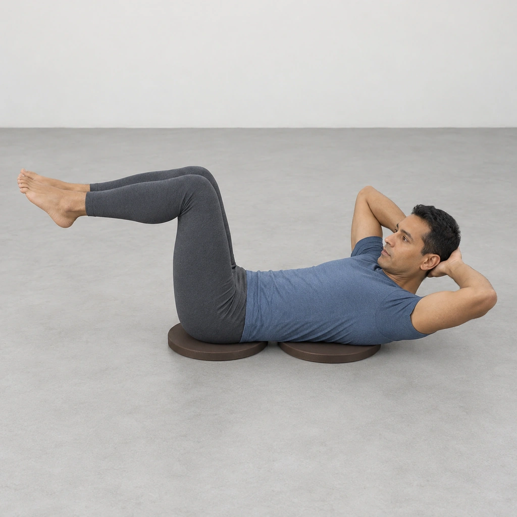 A man lying on his back with his shoulders on one flat disc and his hips on another, hands behind his head and both legs in tabletop.